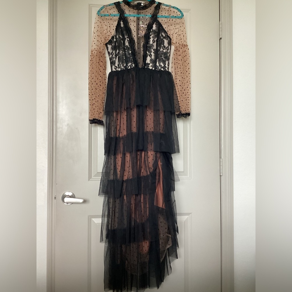 Chic Black and Tan Lace Long Sleeve Dress - Picture 2 of 9